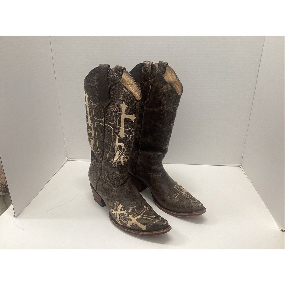 circle g women boots 8.5 brown leather embroidered cross snip toe cowgirl/cowboy